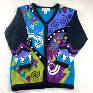VTG Sideffects Women Cardigan Sweater Size M Oversized  90's Geometric Colorful
